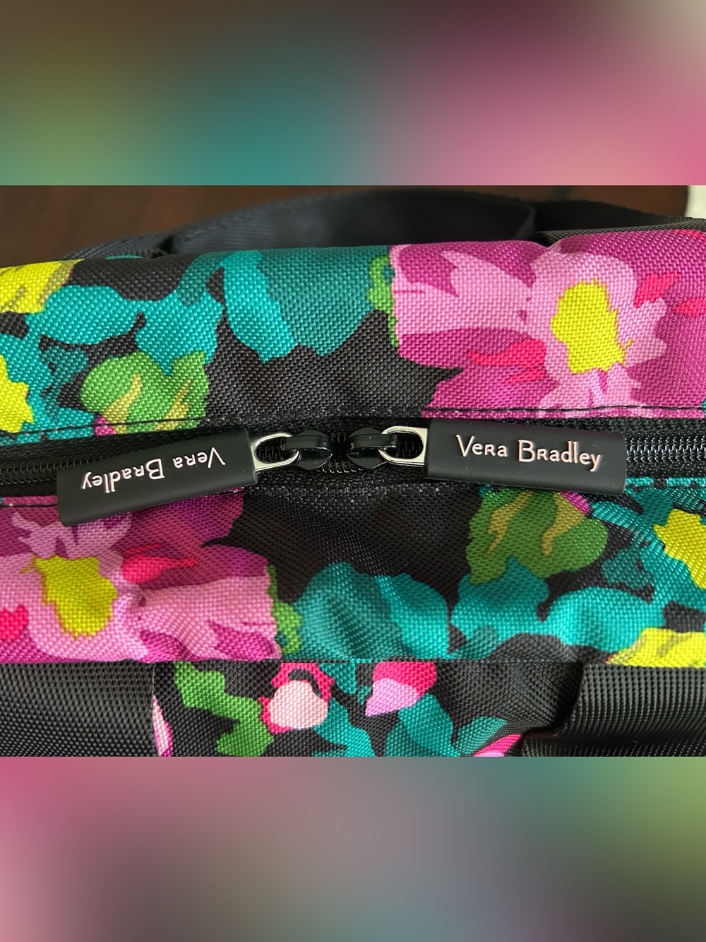 Vera Bradley Black Floral Travel Bag with Pink, Yellow & Teal Floral Accents. - Picture 3 of 6